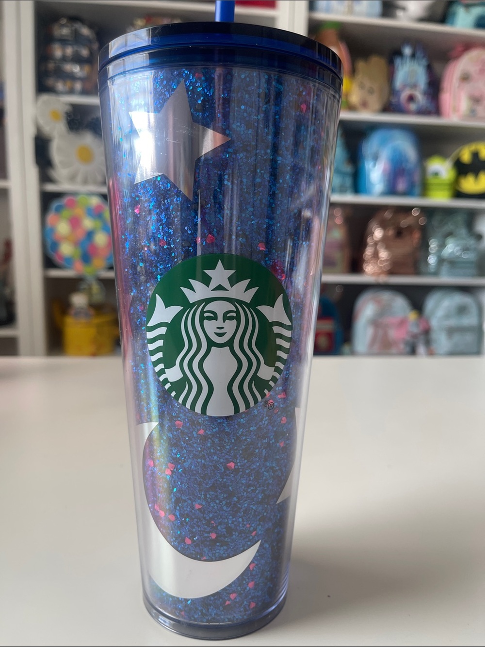 Starbucks Blue Glitter Moon & Star Tumbler with Green Siren Logo
